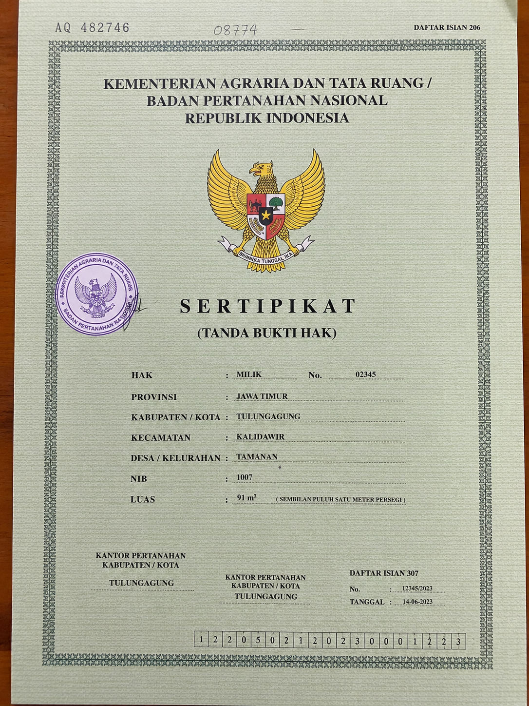 Gambar rancangan bentuk Sertifikat Hak Milik